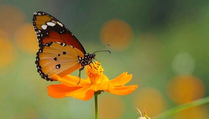Obraz premium Monarch butterfly feeding on orange marigold in summer garden close-up