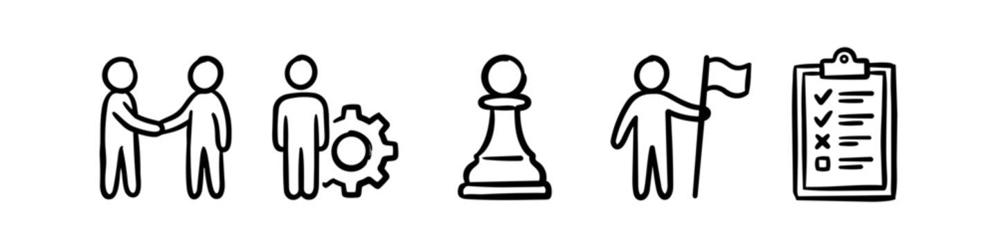 Set of hand-drawn business icons in doodle style featuring handshake for partnership, person with gear, chess pawn for strategy, leader with flag, and checklist for planning.