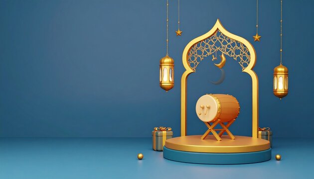 3d islamic bedug drum under golden crescent archway with lanterns