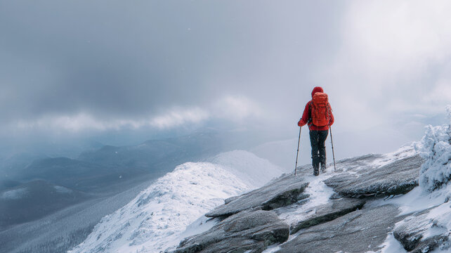Spring snow ice thaw, end of Winter Season, hope, fresh start. A person in a red jacket and black pants standing atop a snowcovered mountain, holding trekking poles.