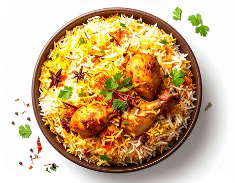 Delicious Indian Chicken Biryani served in a bowl, garnished with fresh cilantro and spices, a popular dish from the Indian subcontinent