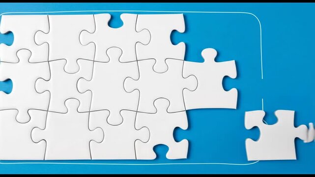 A partially completed white jigsaw puzzle on a blue and white background