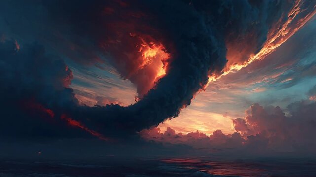 Dramatic swirling cloud formation with vibrant red and orange colors at sunset