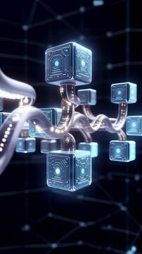 Connected Cubes With Glowing Tubes. Depiction Of Linked Digital Elements With Illuminated Circuits And Secure Data Transfer Mechanisms For Finance And Cryptocurrency Displays