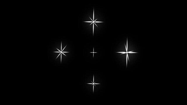 Twinkling stars glow fields flying in space starburst light, lining stars and sparkle twinkle light night sky, tinkling star motion graphics effects and video editing, black screen background. 4k