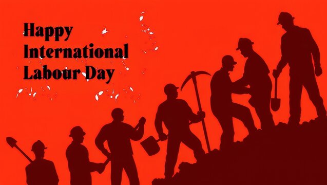 Happy international labour day with silhouettes of workers on orange background