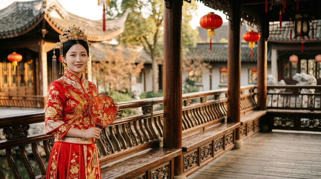 Beautiful chinese bride in a vibrant traditional red wedding dress with intricate gold embroidery and elaborate headdress, posing gracefully.