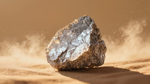 Striking flint stone on sandy surface, highlighted by shimmering textures and earthy tones, evoking a raw, elemental olfactive inspiration