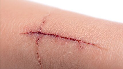 Fototapeta premium Close-up of a deep, fresh wound with visible blood and ruptured skin on an arm, showing minor cuts and abrasions against a clean background
