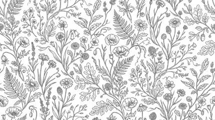 Fototapeta premium Intricate botanical pattern showcasing various flowers and foliage in a monochrome design