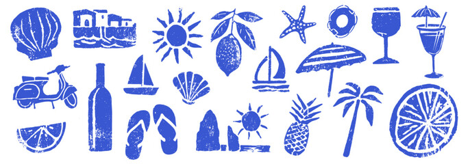 Naklejka premium Summer vacation icons set in vintage linocut stamp style beach travel elements with tropical symbols and seaside objects