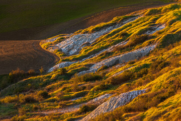 Obraz premium Tuscan badlands landscape with sunset light in Asciano, Italy.
