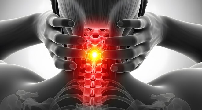 Man suffering from neck pain with glowing red spine highlighting affected area medical illustration health issue