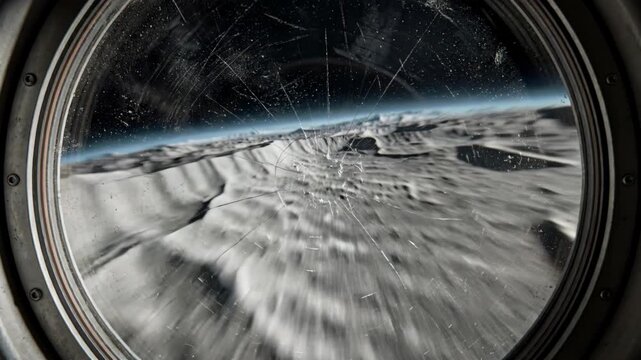 Spaceship porthole revealing Earths curve and Moons cratered surface. Cosmic orbit sequence showing planetary approach from deep space. Exploration view through spacecraft window with starry backdrop