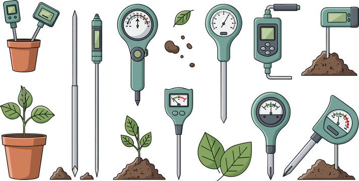 Soil Testing and Plant Care Tools Set with Moisture Meters, pH Testers, Temperature Gauges, and Plant Growth Indicators Illustrations