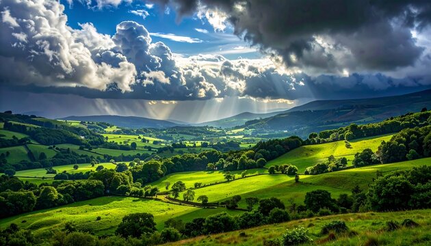 dramatic countryside valley with sunlit clouds and lush greenery