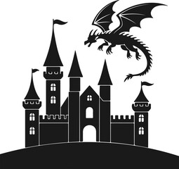 Obraz premium Fantasy Castle with Flying Dragon Silhouette for Storytelling