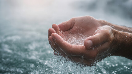 Fototapeta premium Geothermal hot springs resort, spa, bath pool, relaxation vacation theme. A closeup of a persons hands submerged in water, with water droplets glistening on their skin.