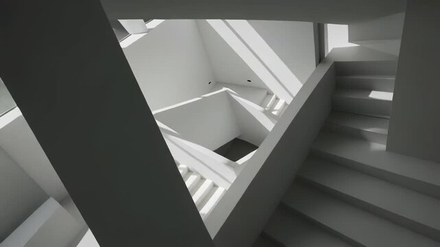 A grayscale image of a modern staircase with multiple landings and rectangular shapes