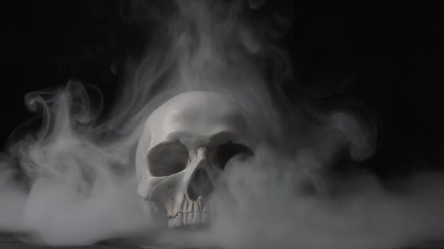 Haunting skull in swirling mist with eerie atmosphere mysterious dark foggy background
