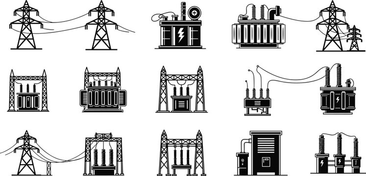 Electrical power transmission infrastructure vector icons, transformers and substations, high voltage pylons, electricity distribution equipment, energy grid engineering illustration set