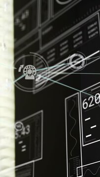 Vertical video: Panning right, doctor entering and scanning medical HUD near blinds for diagnosis