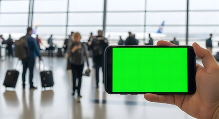 Fototapeta premium Hand holding smartphone with green screen at busy airport terminal terminal background with blurred travelers and airplanes through window