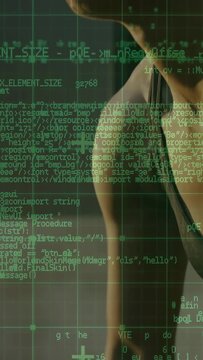 Vertical video: Dancer holding barre, camera pulling back, causing AR grid animating across face