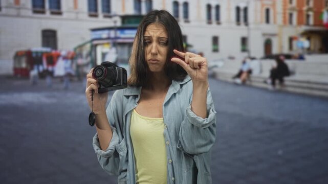 Young hispanic woman holding camera pinching fingers to show small at street; frustration travel mishap.