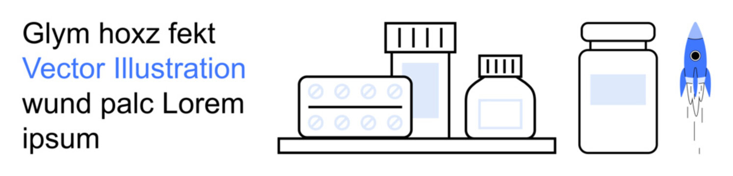 Healthcare, medicine, pharmacy, innovation, treatment, modern healthcare. Various pill bottles and blister packs on a shelf alongside a blue rocket. Healthcare and innovation concepts