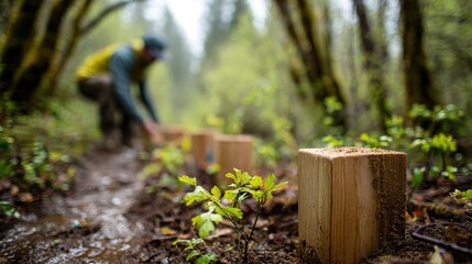Fototapeta premium A man in a blue jacket and hat bends over to pick up a wooden stump on a dirt path in the forest. The scene is peaceful as he connects with nature.