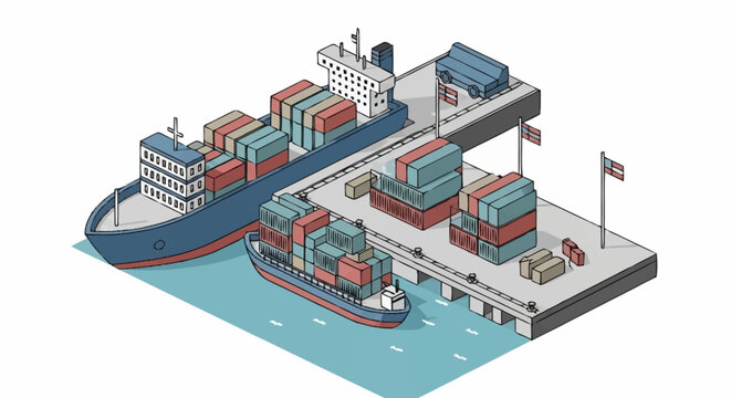 Isometric illustration of a busy shipping port with large cargo ships docked at a pier, loaded with numerous containers, ready for global trade and logistics.