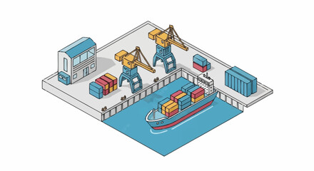 Obraz premium Isometric illustration of a busy shipping port with cargo cranes, containers, and a ship docked at the pier.