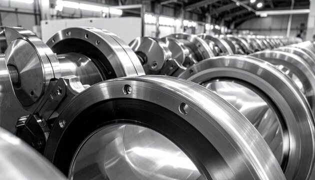 Polished cylindrical metal components with hollow centers on industrial surface, reflecting precision engineering and advanced manufacturing in a workshop setting.