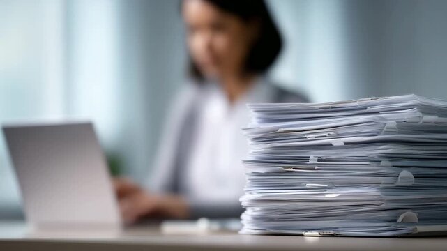 paperwork stack on office desk, document management, admin workload, filing backlog, laptop, blurred employee, business paperwork, office administration, records processing, compliance papers