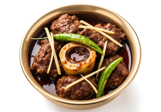 Authentic slow-cooked Nihari beef stew featuring a prominent bone marrow piece, garnished with fresh ginger, green chilies, and coriander in a golden metallic bowl, traditional festive curry.