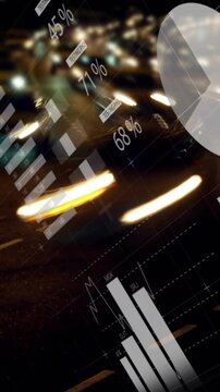 Vertical video: HUD sliding over night lights, updating charts on live feed for tech analysis