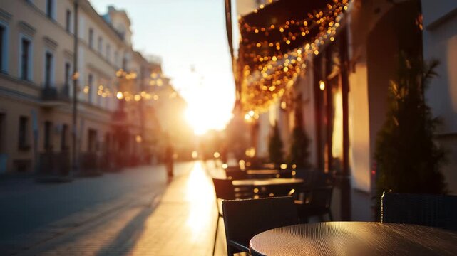 Cozy sidewalk cafe with glowing lights in historic city center at sunset Sidewalk cafe scene in a historic city center, rows of empty outdoor tables and chairs beside elegant build