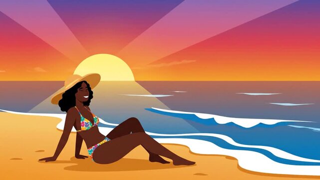 African american woman relaxation on summer beach at sunset with warm colors and flat cartoon style enjoying vacation