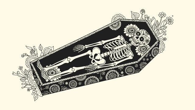 Skeleton lies peacefully inside an ornate coffin decorated with floral patterns and surrounded by blooming flowers for folk traditions.