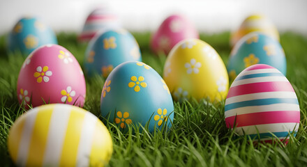 Fototapeta premium Vibrant easter eggs on green grass celebrating easter sunday with colorful decorations