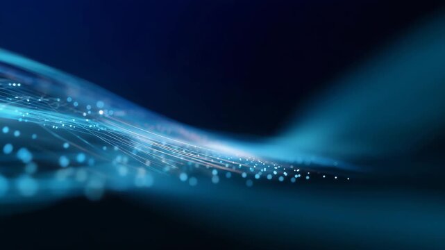 abstract data wave, glowing blue particles, digital signal flow, big data visualization, light trail technology, AI network motion, futuristic data stream, cyber communication, tech background