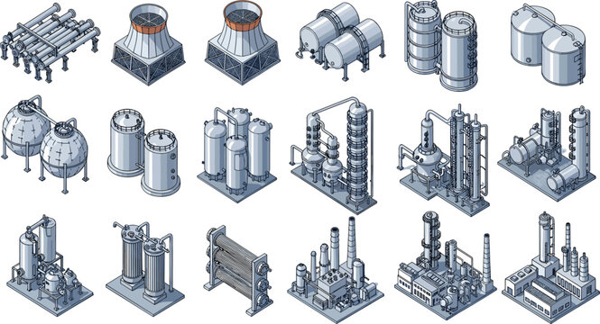 Isometric industrial refinery equipment set, chemical processing tanks, cooling towers, reactors and distillation columns, petrochemical factory machinery vector illustration collection