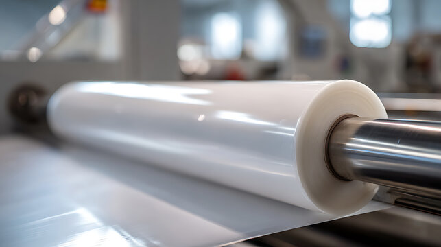 Industrial manufacturing of clear plastic film on a large roll machine in a modern factory setting with focus on production process and material
