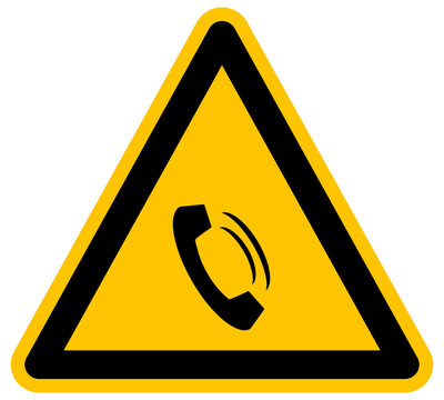 Se&ntilde;al de advertencia amarilla triangular con icono de tel&eacute;fono comunicaci&oacute;n y soporte t&eacute;cnico ilustraci&oacute;n vectorial