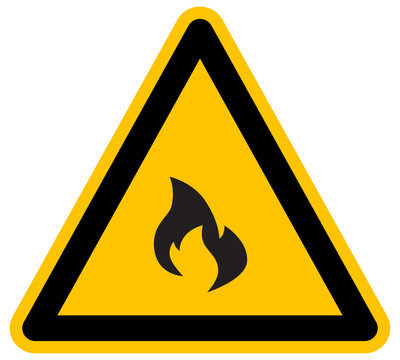 Se&ntilde;al de advertencia amarilla con icono de fuego peligro de incendio y materiales inflamables ilustraci&oacute;n vectorial