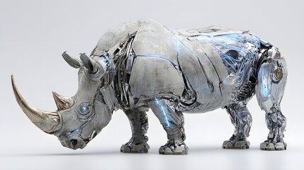 Fototapeta premium Futuristic robotic rhinoceros cyborg with advanced mechanical parts and lights.