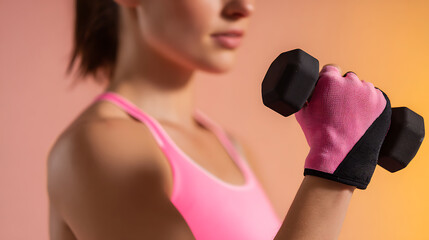 Fototapeta premium Woman Lift Dumbbell with Pink Gloves in Fitness Workout, Female Exercise for Health and Strength, Active Lifestyle