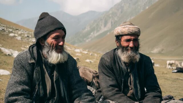 Two elderly men with beards and traditional hats laughing in a mountainous landscape
