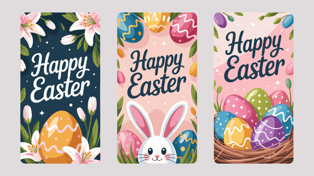 Set of three elegant Happy Easter social media story templates with cute bunny, colorful eggs and spring flowers vector illustration